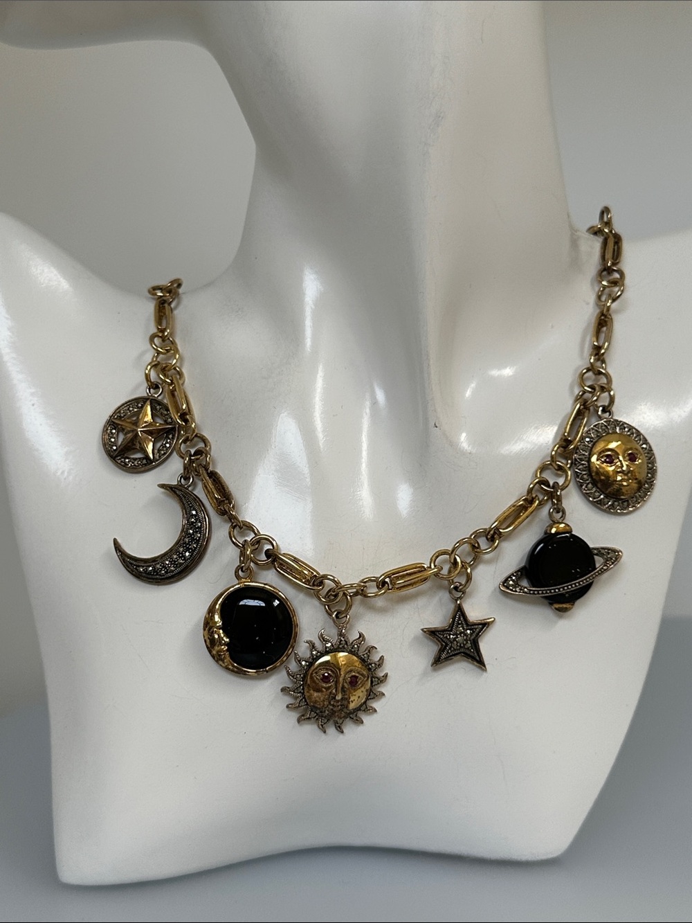 Vintage Celestial Charm real RUBYS Gold 925 GF ONYX Gems Necklace